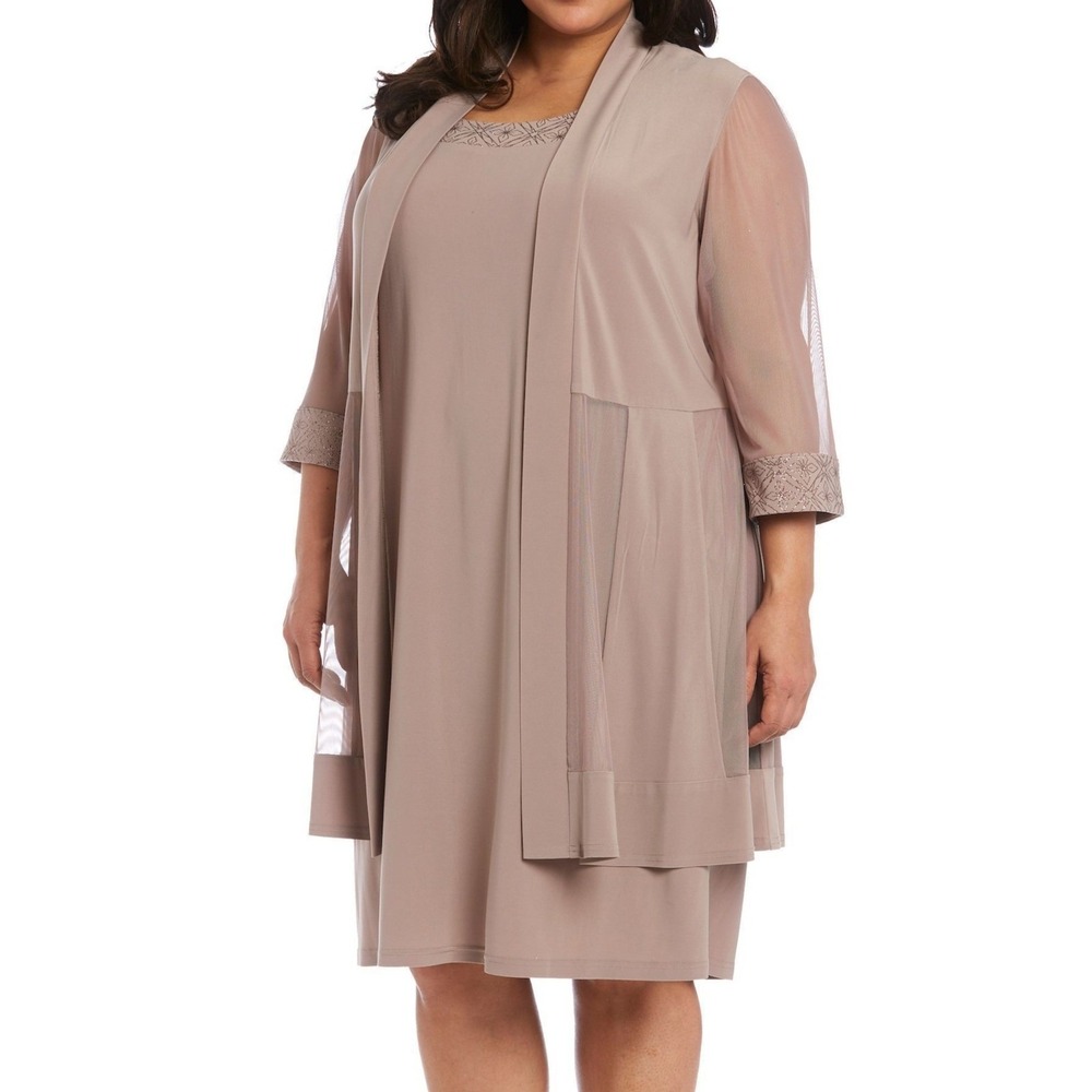 R&M Richards Dress Suit Taupe Glitter 3/4 Sleeve 2PC Womens Size 14 NWT